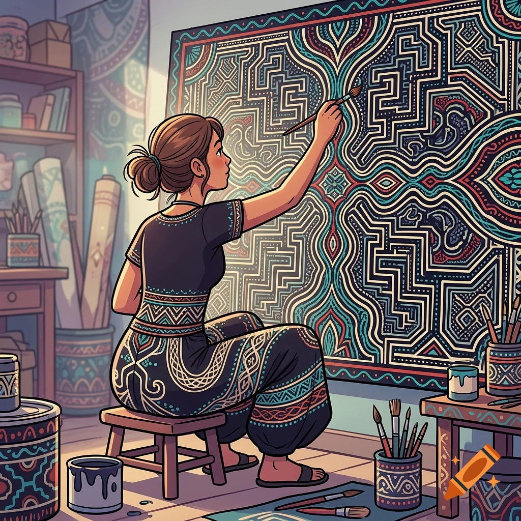 Cartoon illustration of a woman painting a large, intricate Shipibo-style patterned artwork in a studio setting.