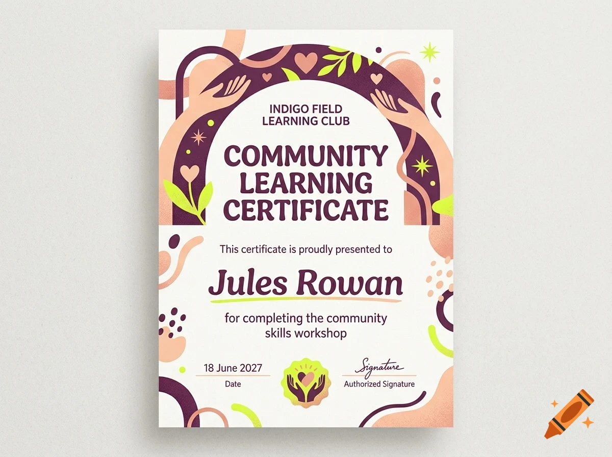 A colorful community learning certificate with abstract illustrations, hands, hearts, and text presented to Jules Rowan.