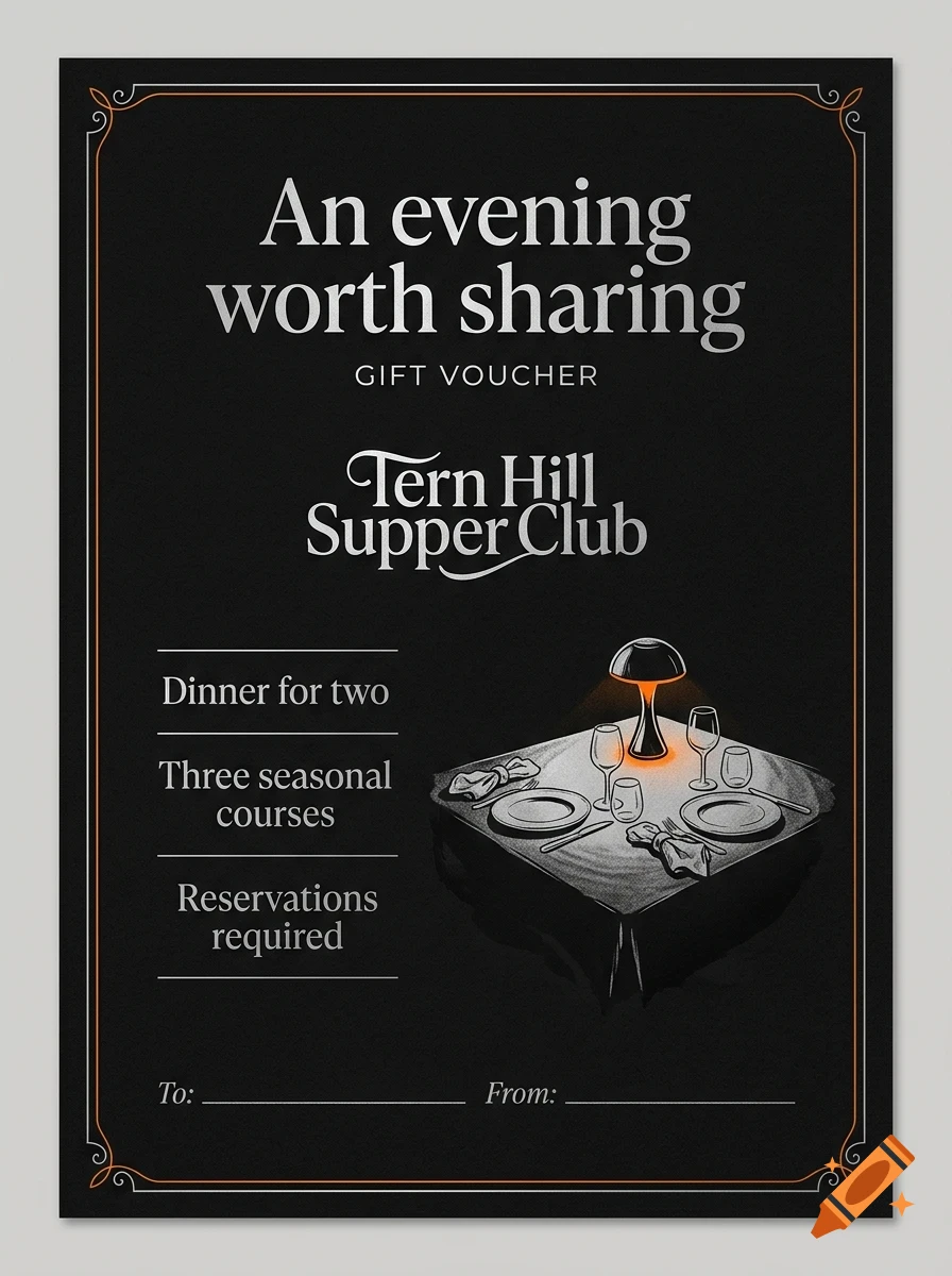 A dark-themed gift voucher for Tern Hill Supper Club featuring typography and an illustration of a set table for two.