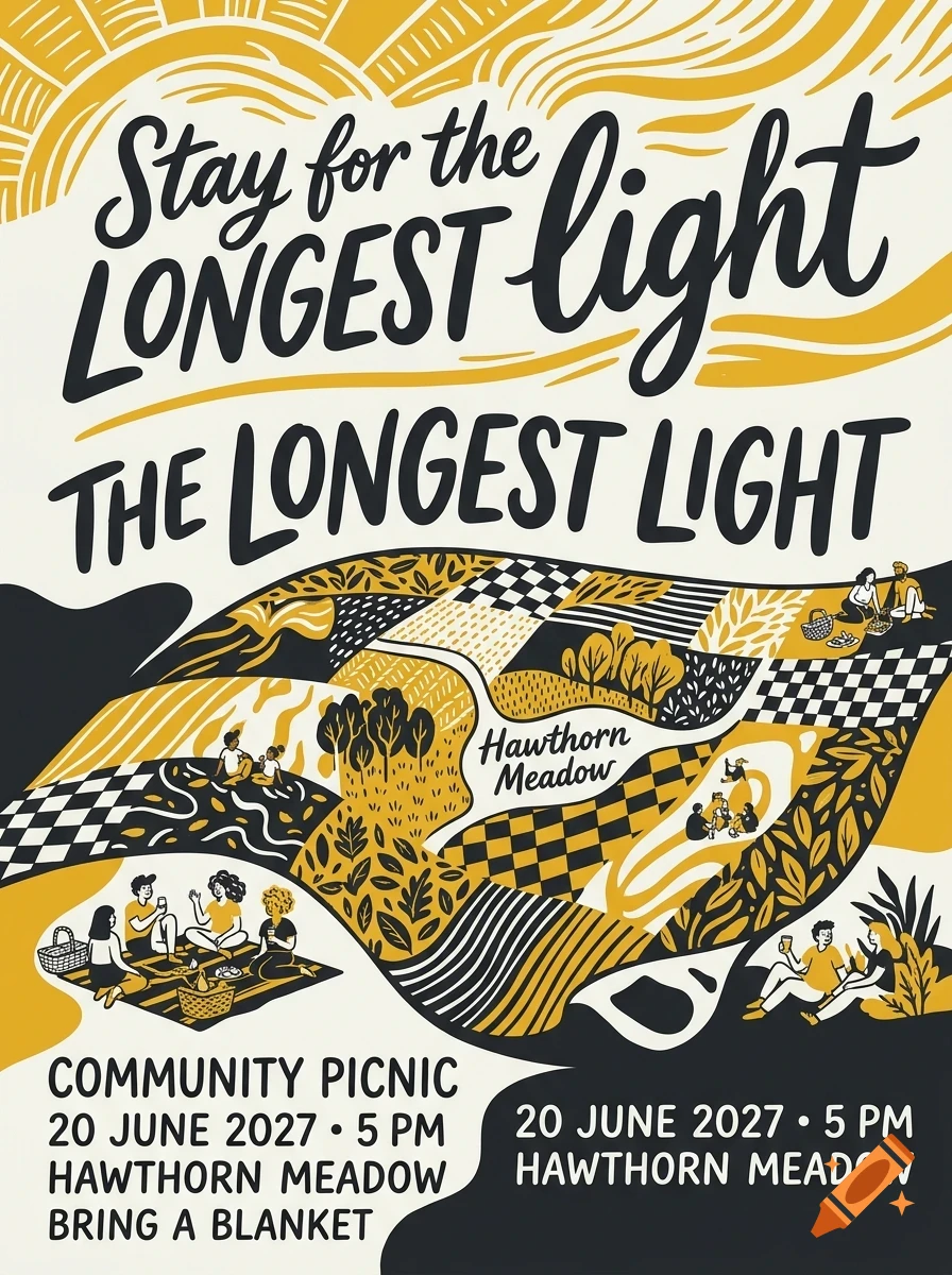 An illustrative poster for a community picnic featuring lettering and scenes of people gathered on a patterned blanket under a sun.