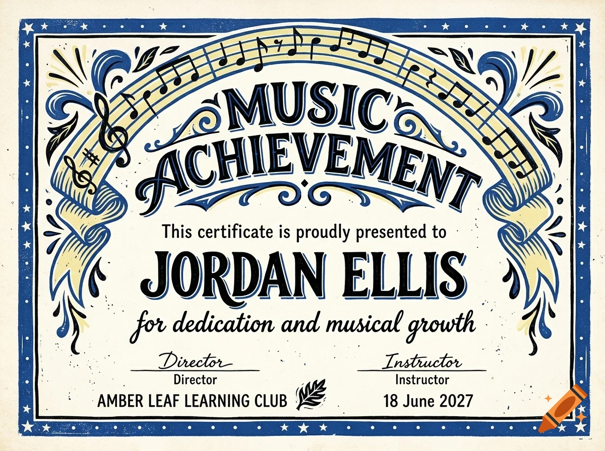 An ornate certificate design titled MUSIC ACHIEVEMENT featuring musical staff lines, decorative scrolls, and typography.