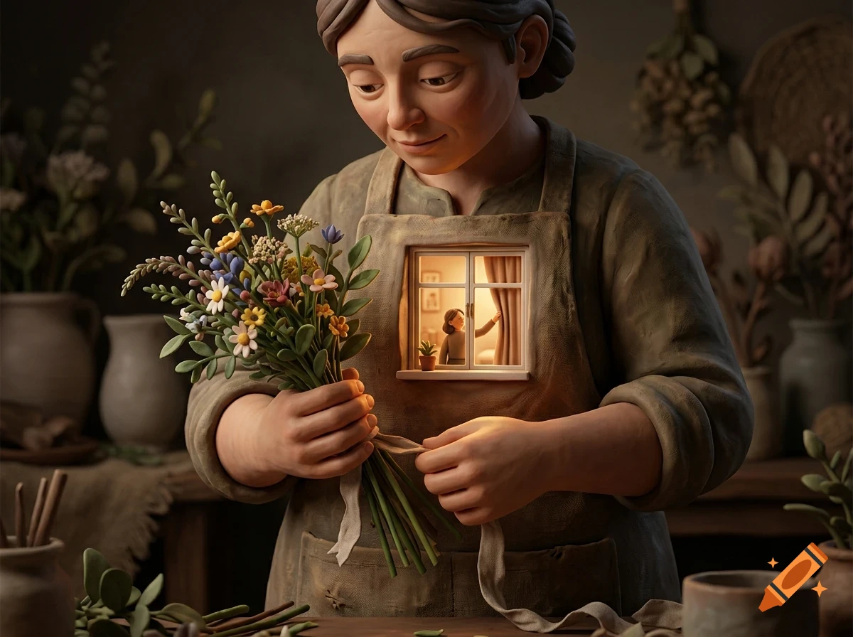 A claymation-style figure of a woman wearing an apron tying a ribbon around a bouquet of wildflowers, with a miniature glowing window on her apron showing another figure inside.