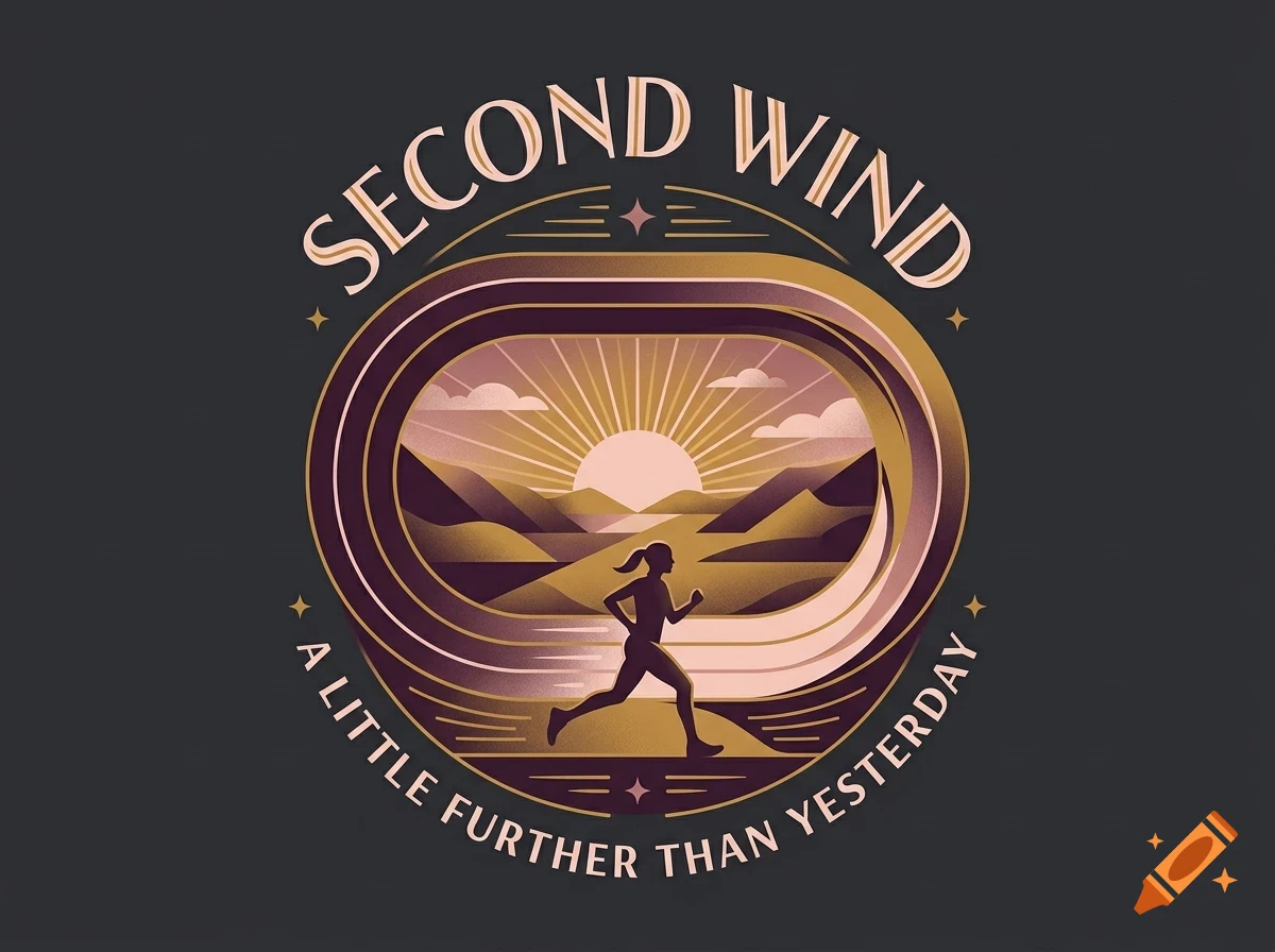 An illustrative badge with the text SECOND WIND and A LITTLE FURTHER THAN YESTERDAY, featuring a silhouette of a runner before a sunrise over mountains.