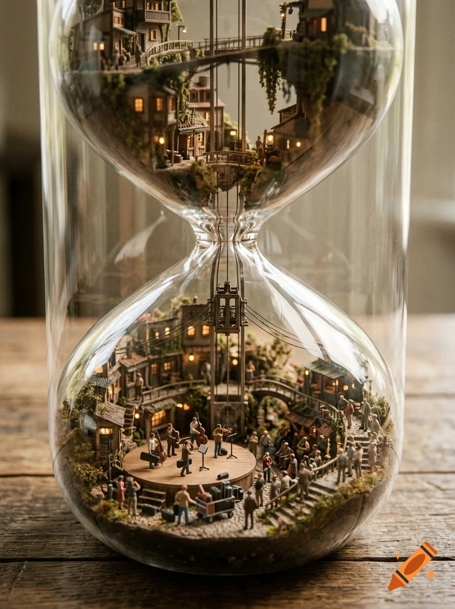 A miniature village and an outdoor musical performance are enclosed inside the two glass bulbs of a large hourglass sitting on a wooden table.