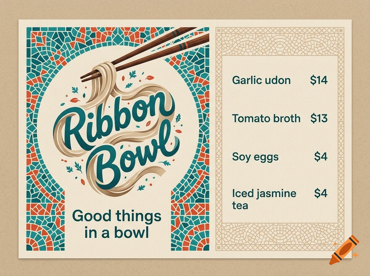 An illustrated menu card featuring the title Ribbon Bowl with stylized noodle lettering, chopsticks, and prices for garlic udon, tomato broth, soy eggs, and iced jasmine tea.