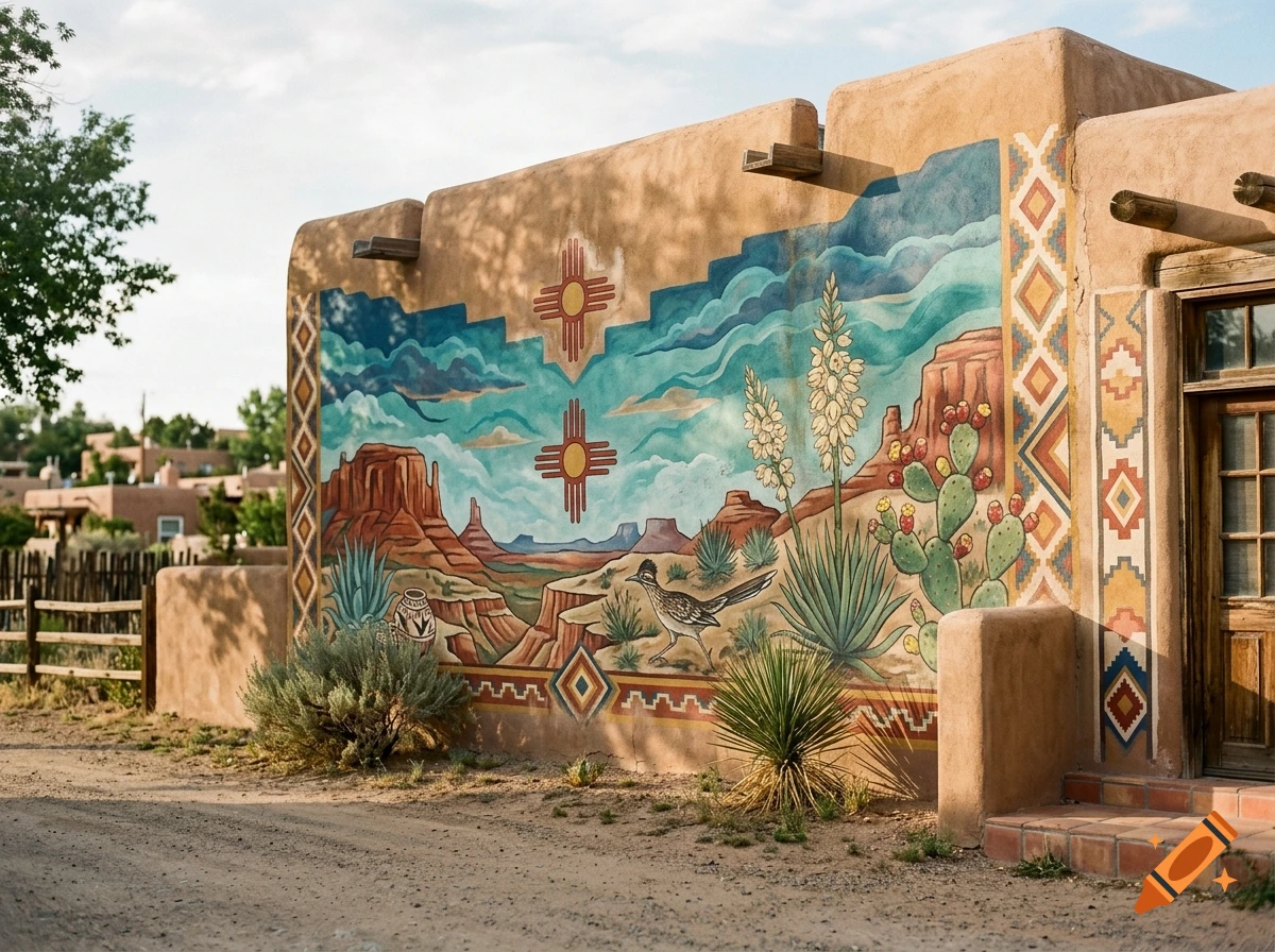 Photograph of an adobe building exterior with a large New Mexican mural featuring a desert landscape, cacti, and sun symbols.