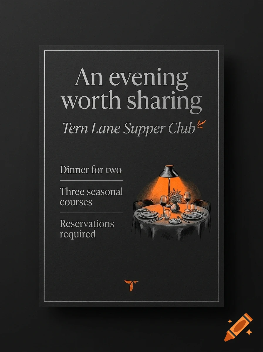 An advertisement for Tern Lane Supper Club with the text 'An evening worth sharing', 'Dinner for two', 'Three seasonal courses', and 'Reservations required', alongside an illustration of a lit dining table.