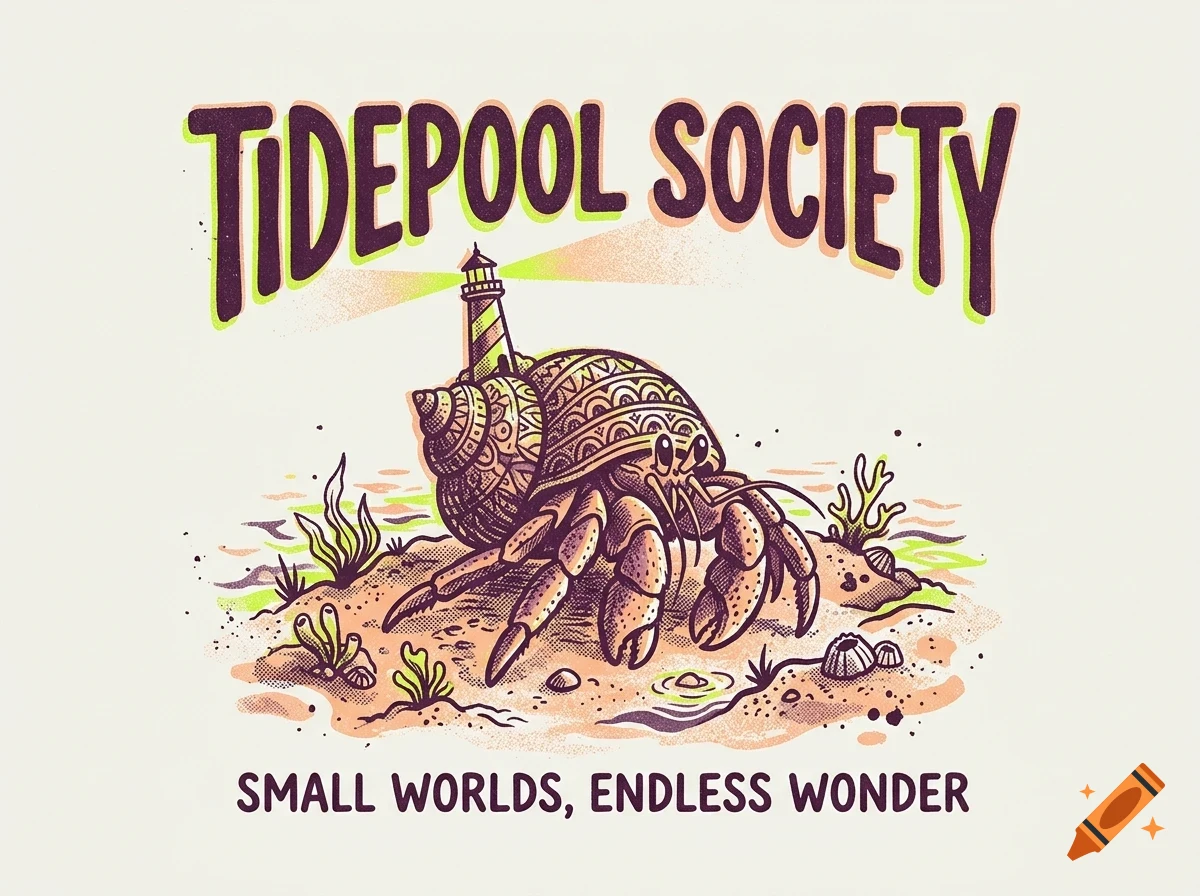 An illustrated hermit crab with a lighthouse on its patterned shell, walking on a sandy beach below the text TIDEPOOL SOCIETY and SMALL WORLDS, ENDLESS WONDER.