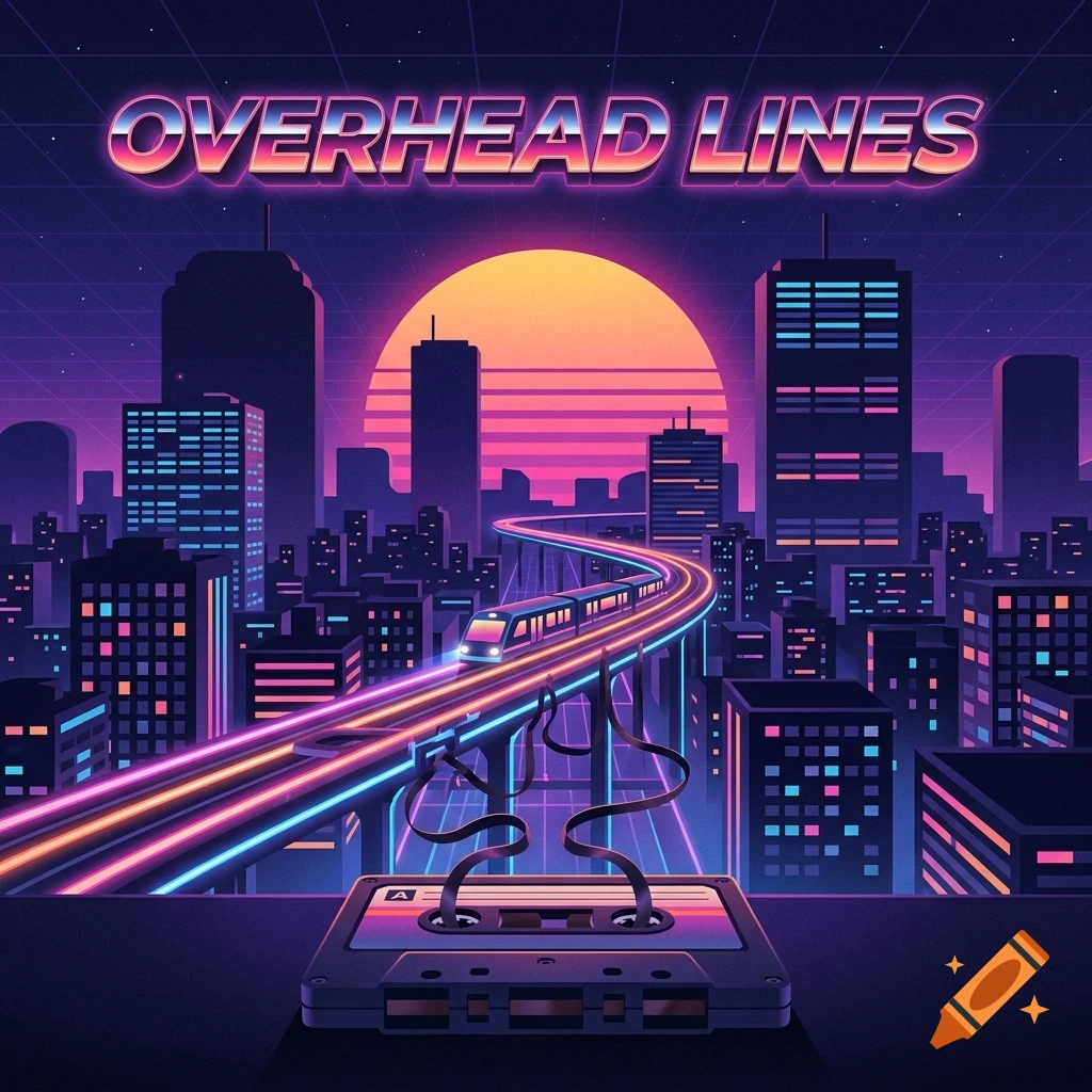 A retro-futuristic synthwave illustration of a city skyline at sunset, with a train on an elevated track and a cassette tape in the foreground featuring the text OVERHEAD LINES.