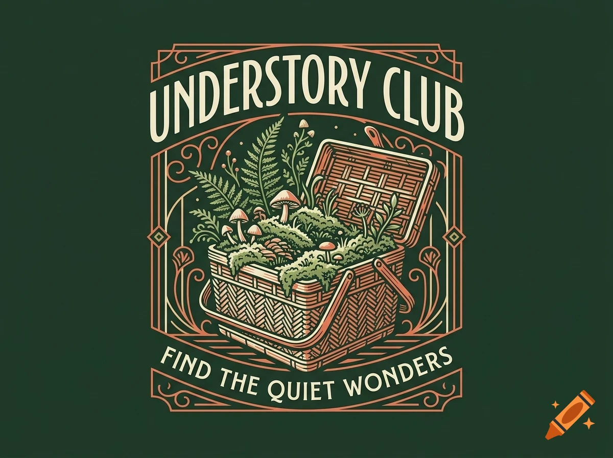 An illustration of an open picnic basket filled with moss, ferns, and mushrooms, framed by decorative borders and the text 'UNDERSTORY CLUB' and 'FIND THE QUIET WONDERS'.