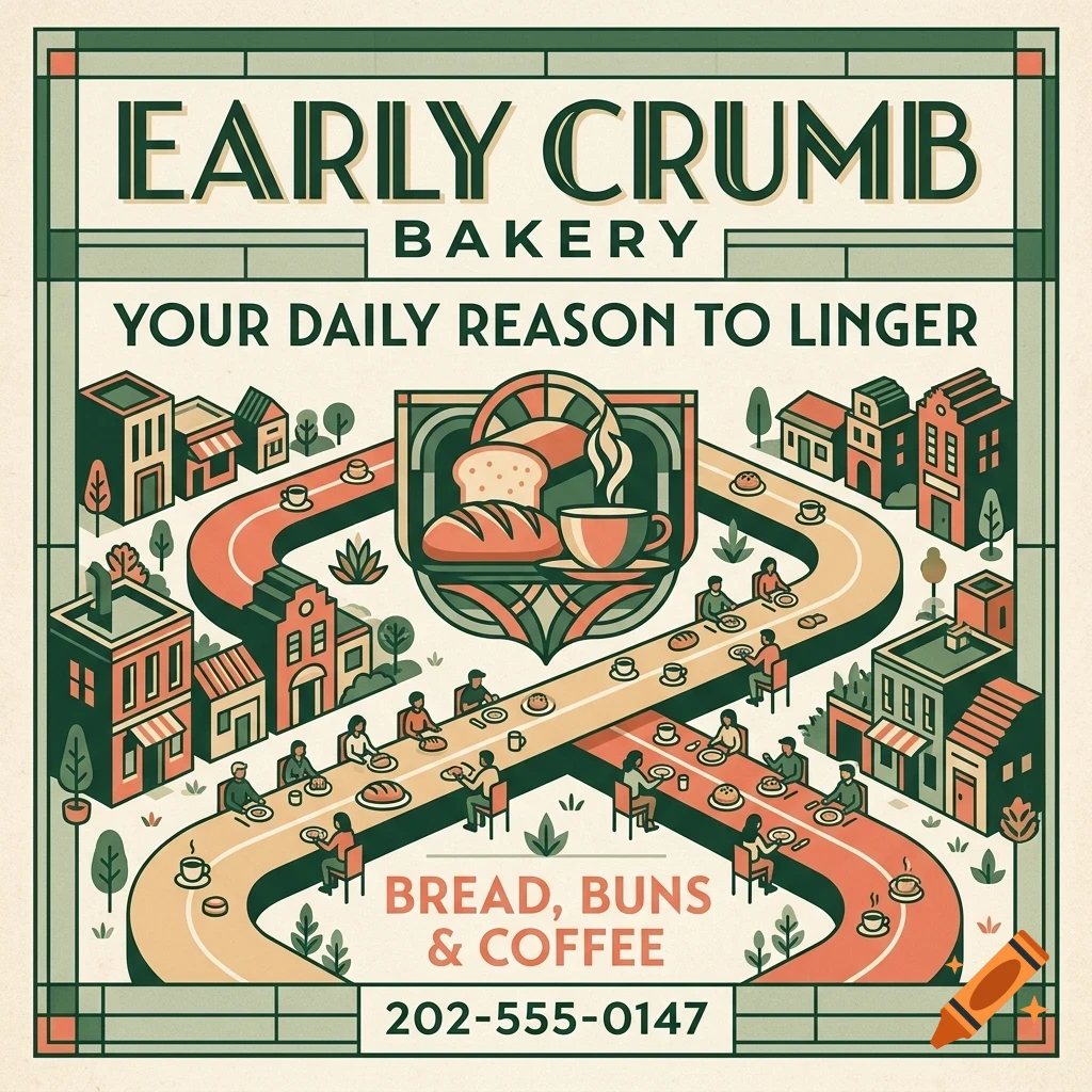 An illustrated vector poster for Early Crumb Bakery, featuring a winding street with small buildings and people eating bread and drinking coffee.