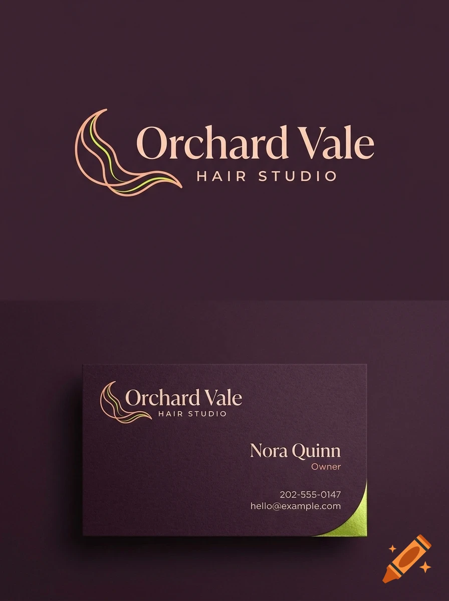 A branding design for Orchard Vale Hair Studio featuring a business card with a dark plum background and metallic peach lettering.