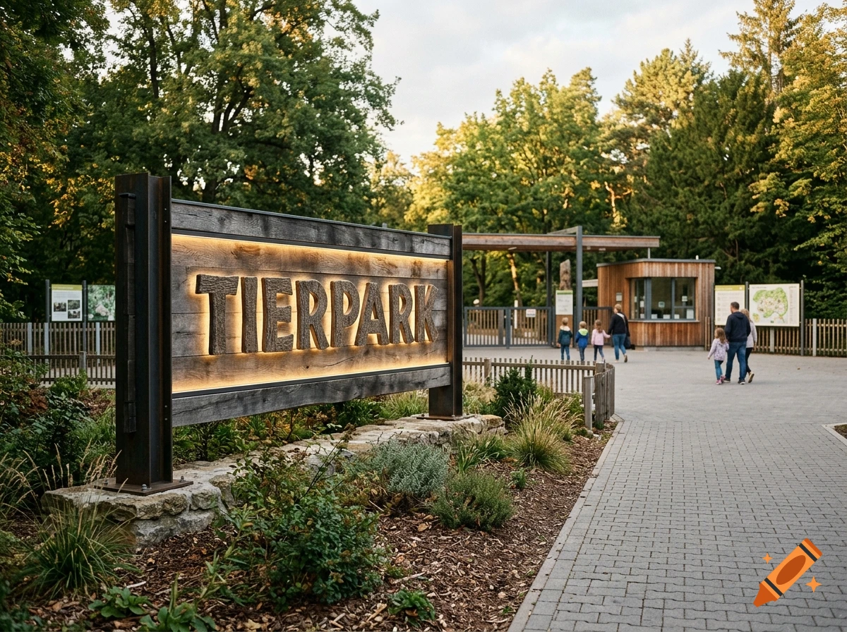 Illuminated wooden sign reading 'TIERPARK' at the entrance of a park with trees and walking paths, photorealistic.