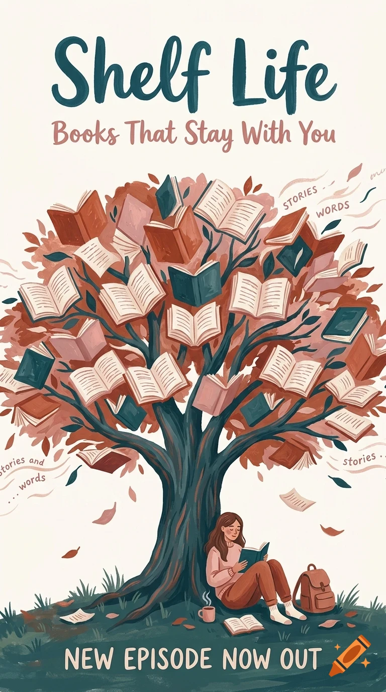 An illustration of a woman reading a book under a tree whose foliage is made of open books, with text reading Shelf Life at the top.