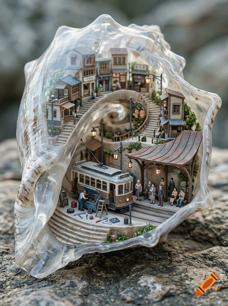 A miniature diorama inside a large seashell depicting a detailed town with buildings, a tram station, and small figurines.