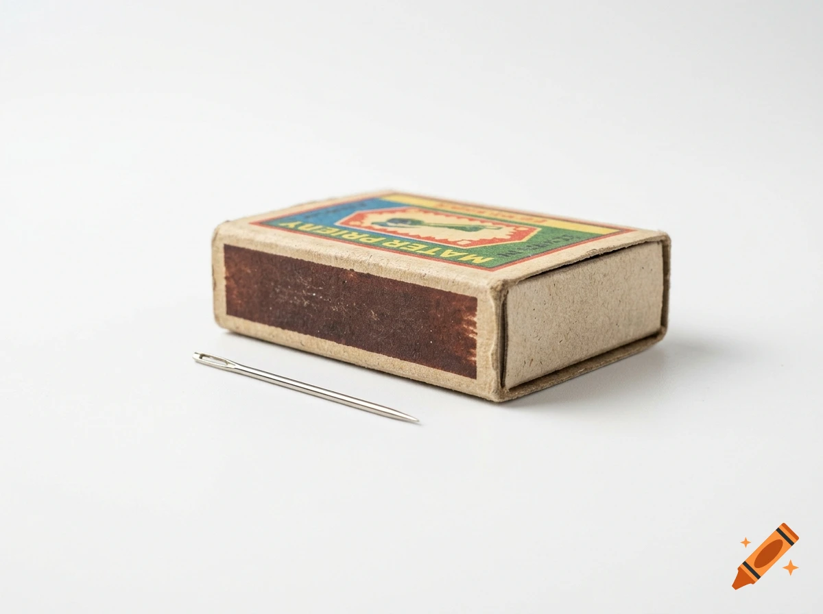 Photorealistic image of a vintage matchbox and a sewing needle on a white surface.