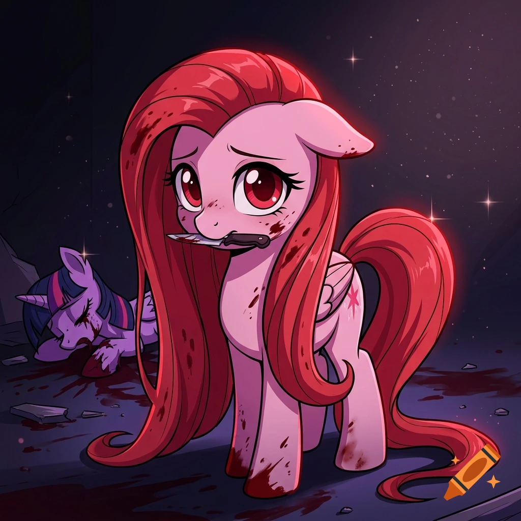 Digital illustration of a pink pony with long red hair and bloody mouth holding a knife, standing near a fallen purple pony.
