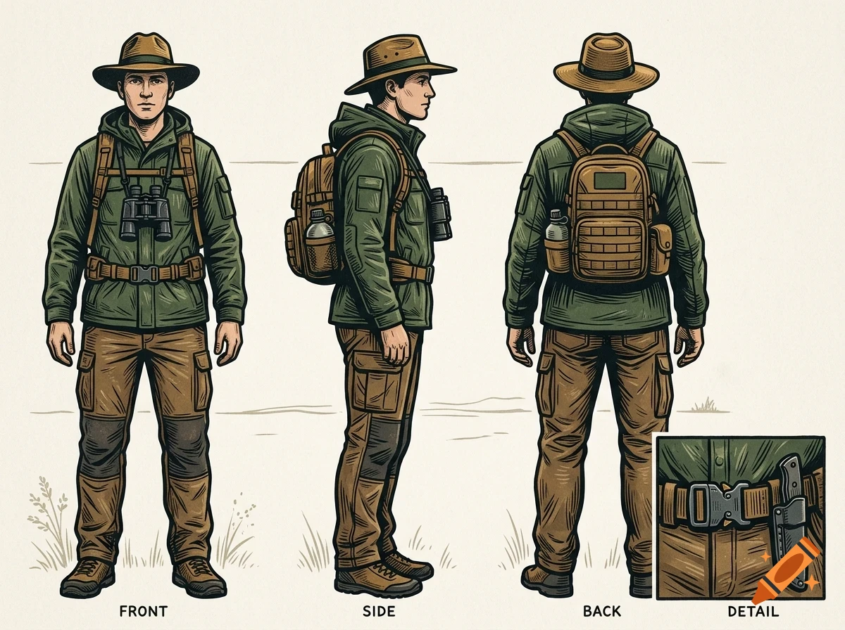An illustrated character design sheet showing a man in an outdoor explorer outfit from the front, side, and back views, with a belt detail.