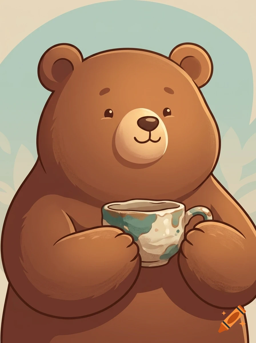 An illustrated brown bear holding a small cup with a patterned design.