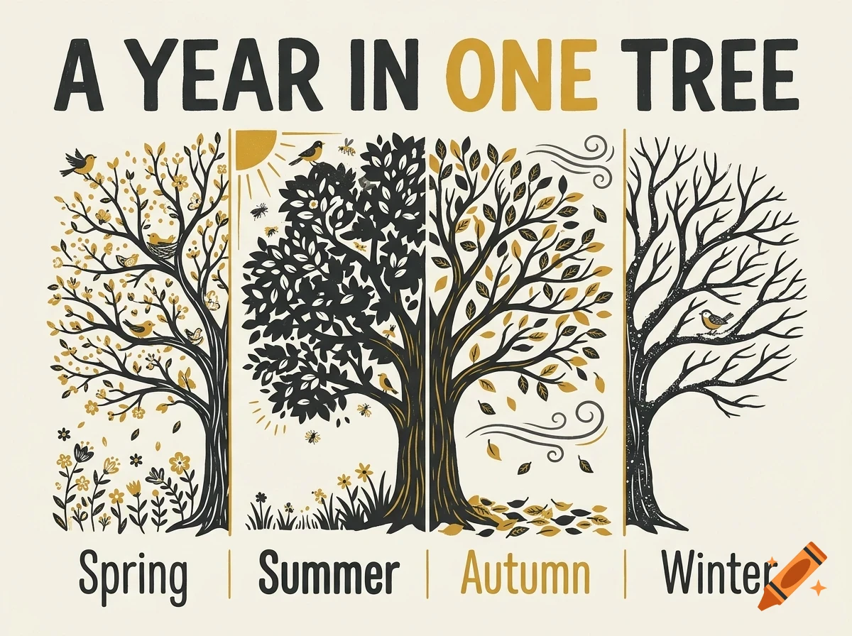 An illustration showing four panels depicting a tree through the four seasons: spring, summer, autumn, and winter, with the text 'A YEAR IN ONE TREE' above.