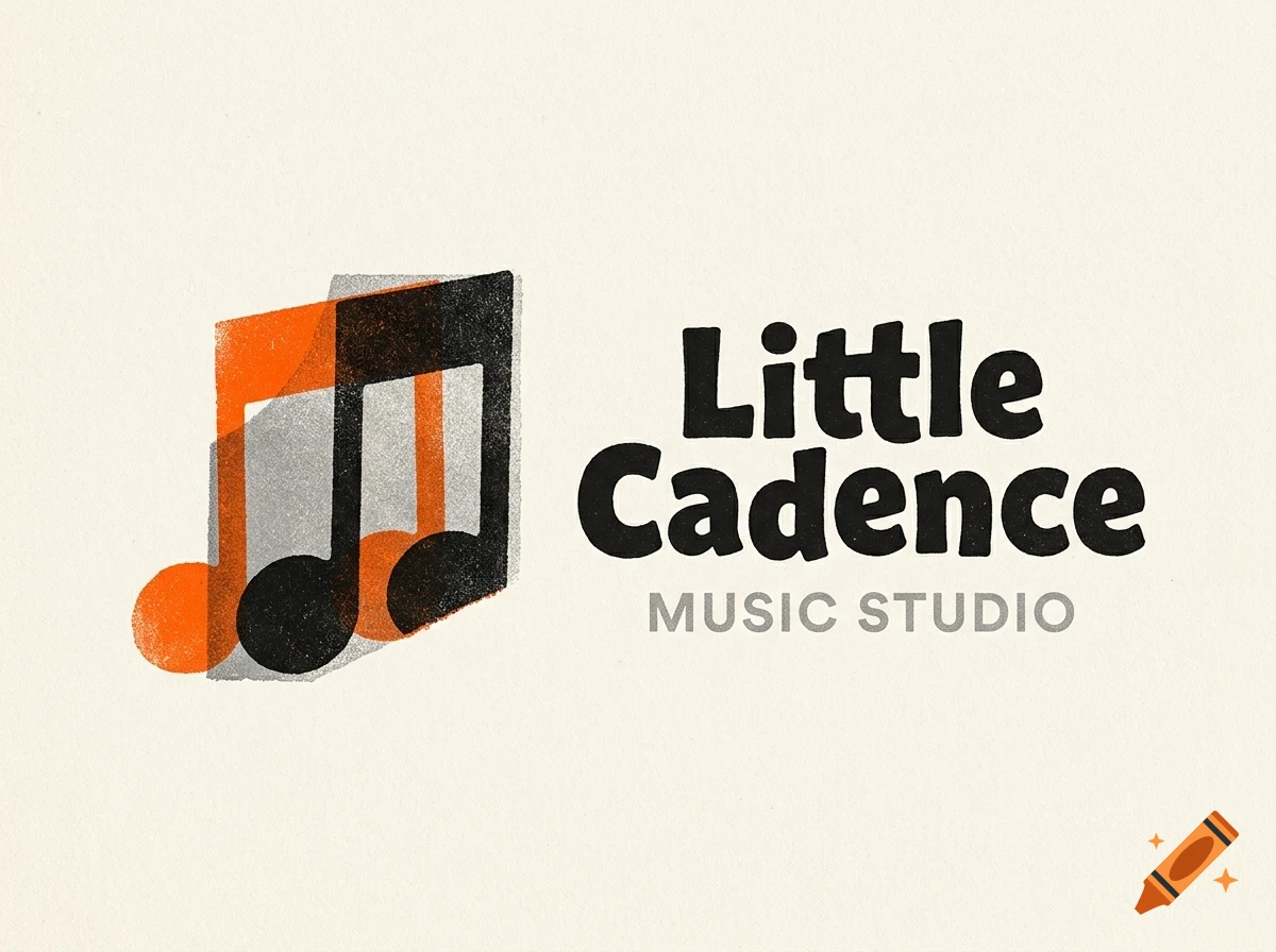 A logo for Little Cadence Music Studio featuring overlapping musical notes in black and orange next to bold lettering.