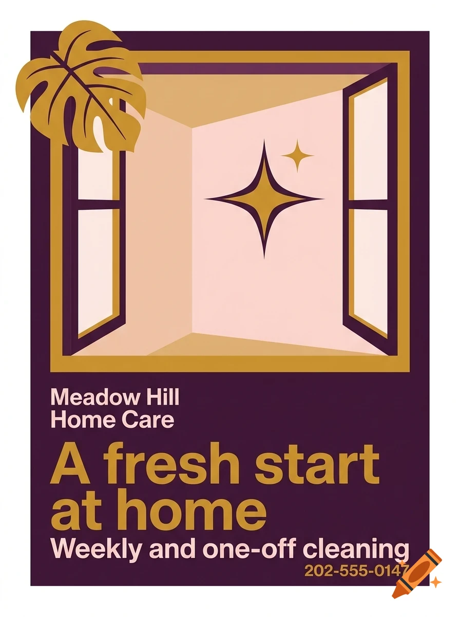 An illustrated flyer for Meadow Hill Home Care featuring an open window, a plant leaf, sparkling star symbols, and promotional text.