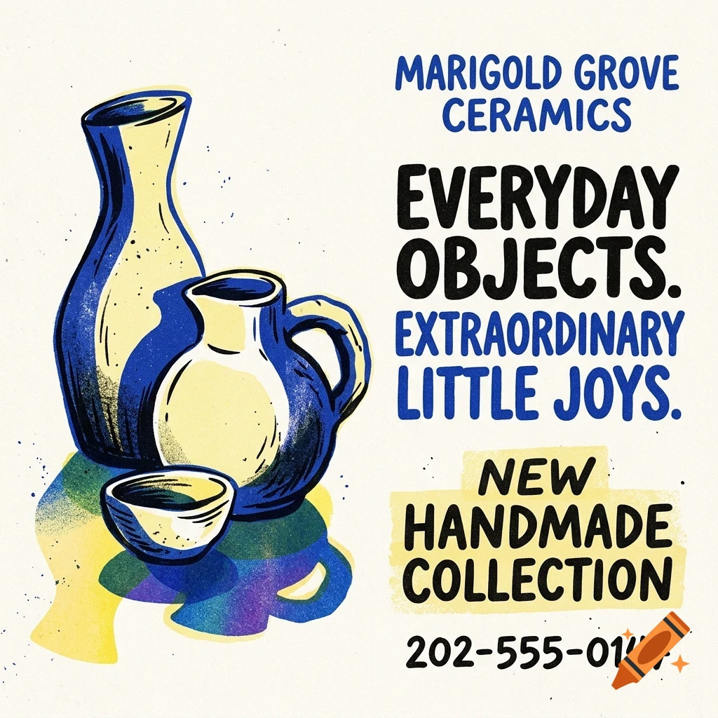 An illustrated advertisement featuring blue and yellow ceramic vases and text reading Marigold Grove Ceramics.
