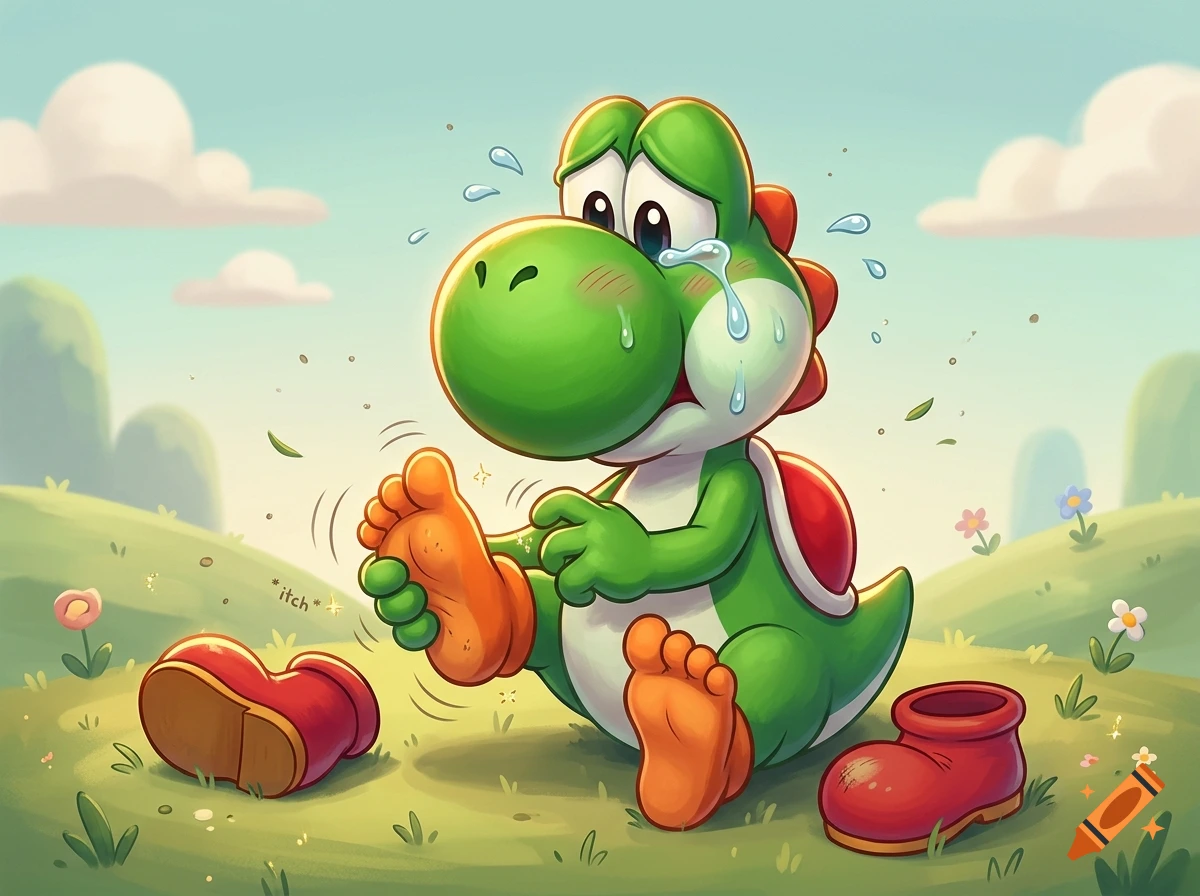 Digital illustration of Yoshi from Super Mario crying with boots off in a grassy field.