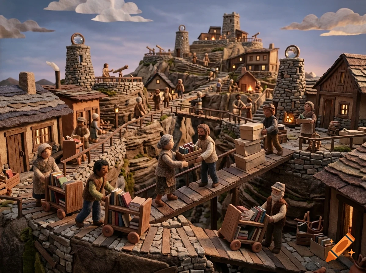 A miniature stop-motion style scene depicting tiny clay figures carrying and moving books across wooden bridges between stone houses on a rocky hill.