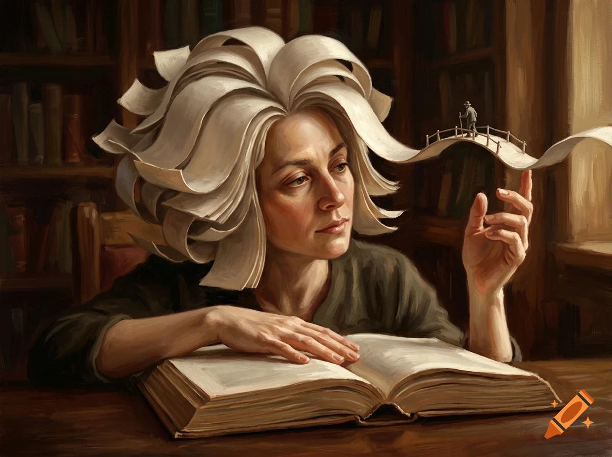 An oil painting of a woman with hair made of curling paper pages, leaning on an open book in a library, with a tiny figure walking on a paper bridge extending from her hair.