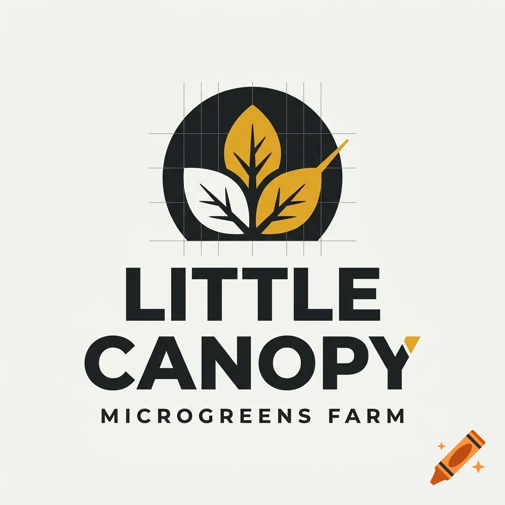 A logo design with grid lines featuring three stylized leaves inside a black circle above the text LITTLE CANOPY MICROGREENS FARM.