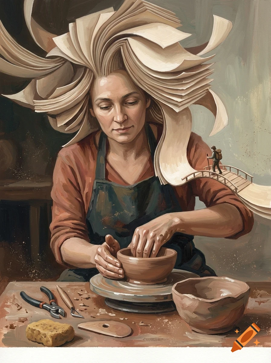 A woman shaping a clay pot on a pottery wheel, with pages of a book forming her hair and a tiny hiker on a small bridge extending from the pages.