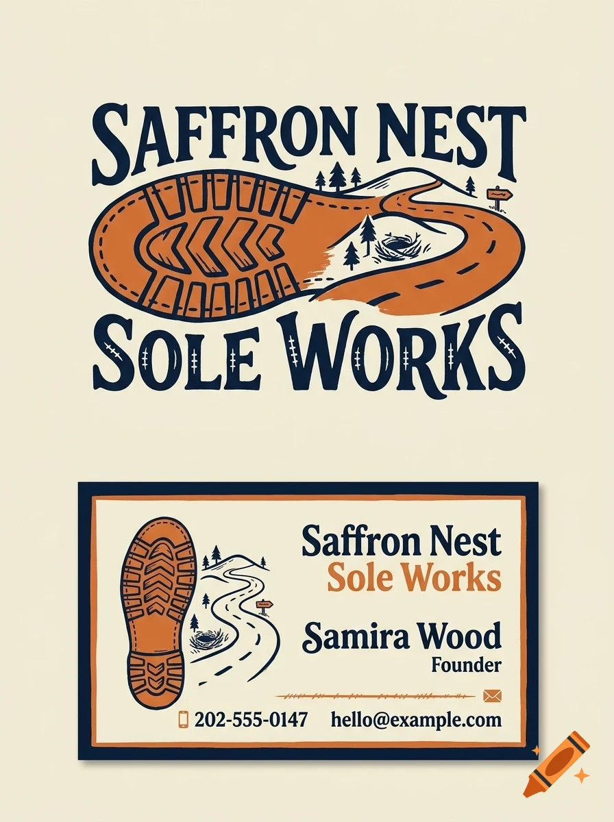 Logo and business card design featuring a boot sole shape integrated with a winding road, trees, and nest, with the text Saffron Nest Sole Works.