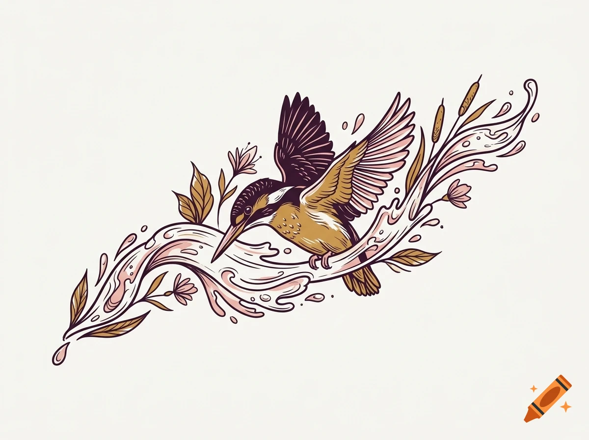 An illustrated kingfisher bird diving into splashing water surrounded by aquatic plants and flowers.