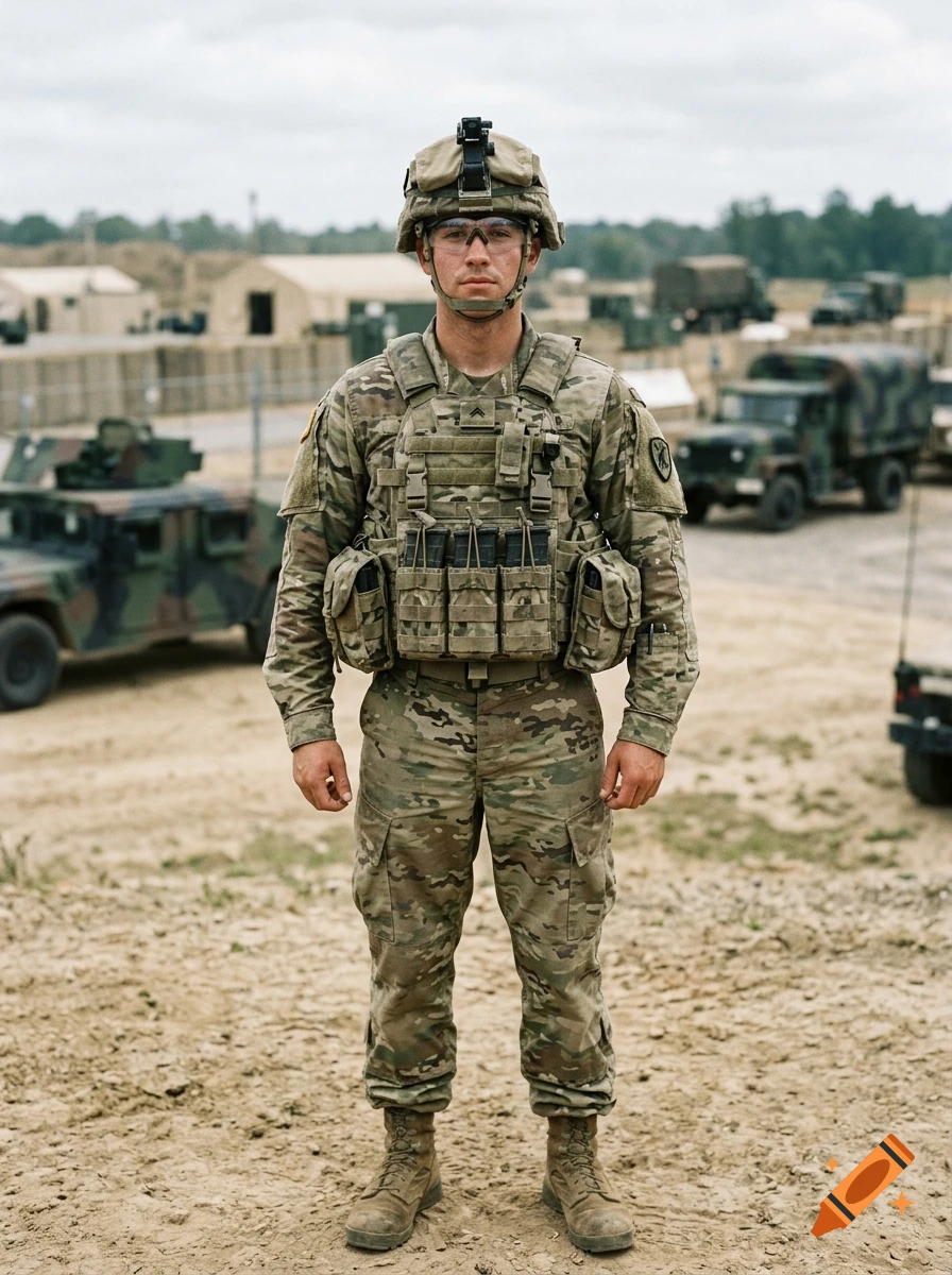Photorealistic portrait of a fully equipped military soldier standing in an outdoor camp setting.