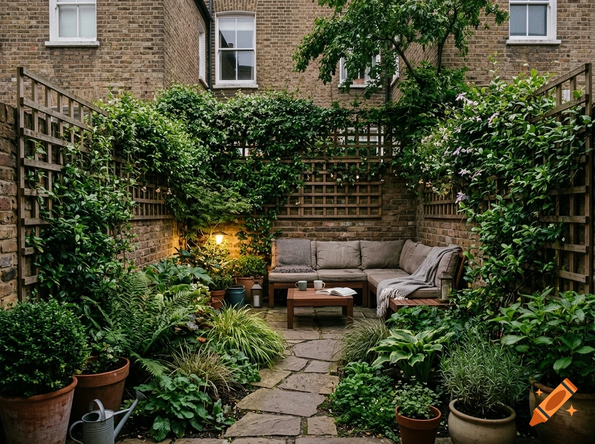 A lush, enclosed brick courtyard garden featuring a stone path, potted plants, climbing vines on wooden trellises, and an outdoor sectional sofa with a coffee table.