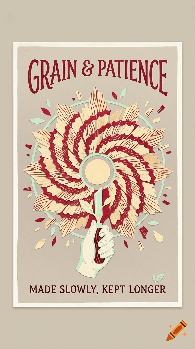 An illustrated poster features a hand holding a knife carving a flower-like rosette from wood, with the text 'GRAIN & PATIENCE' and 'MADE SLOWLY, KEPT LONGER'.