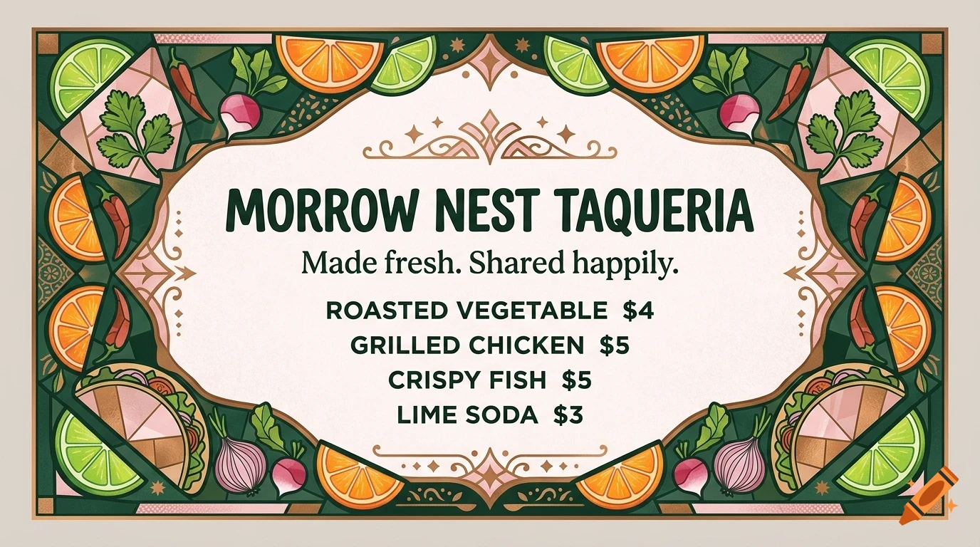 A menu design for Morrow Nest Taqueria with text listing food and prices, framed by illustrations of limes, oranges, radishes, and herbs.