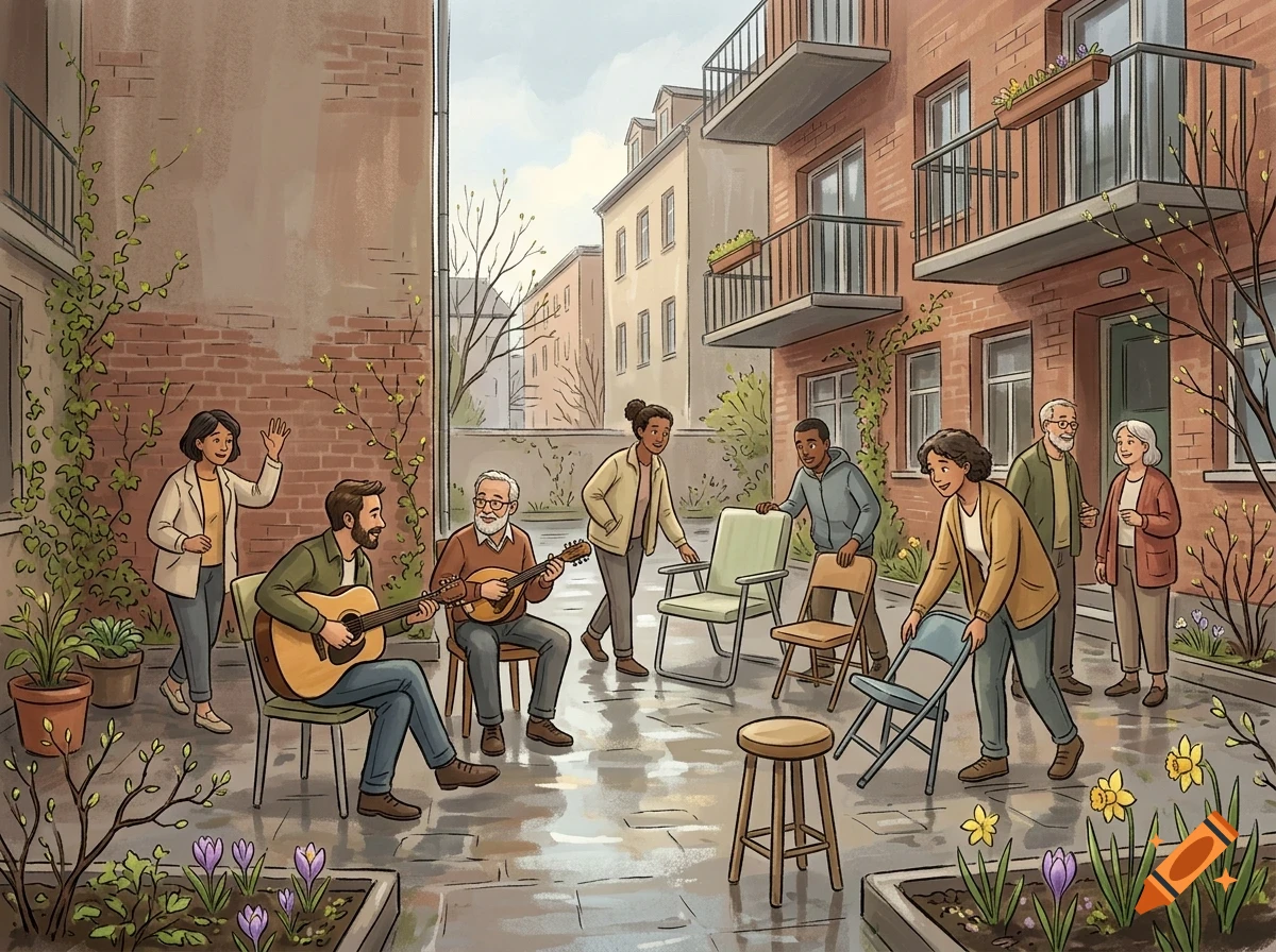 A group of diverse people gather in a brick courtyard between apartment buildings, some playing acoustic instruments while others arrange chairs.