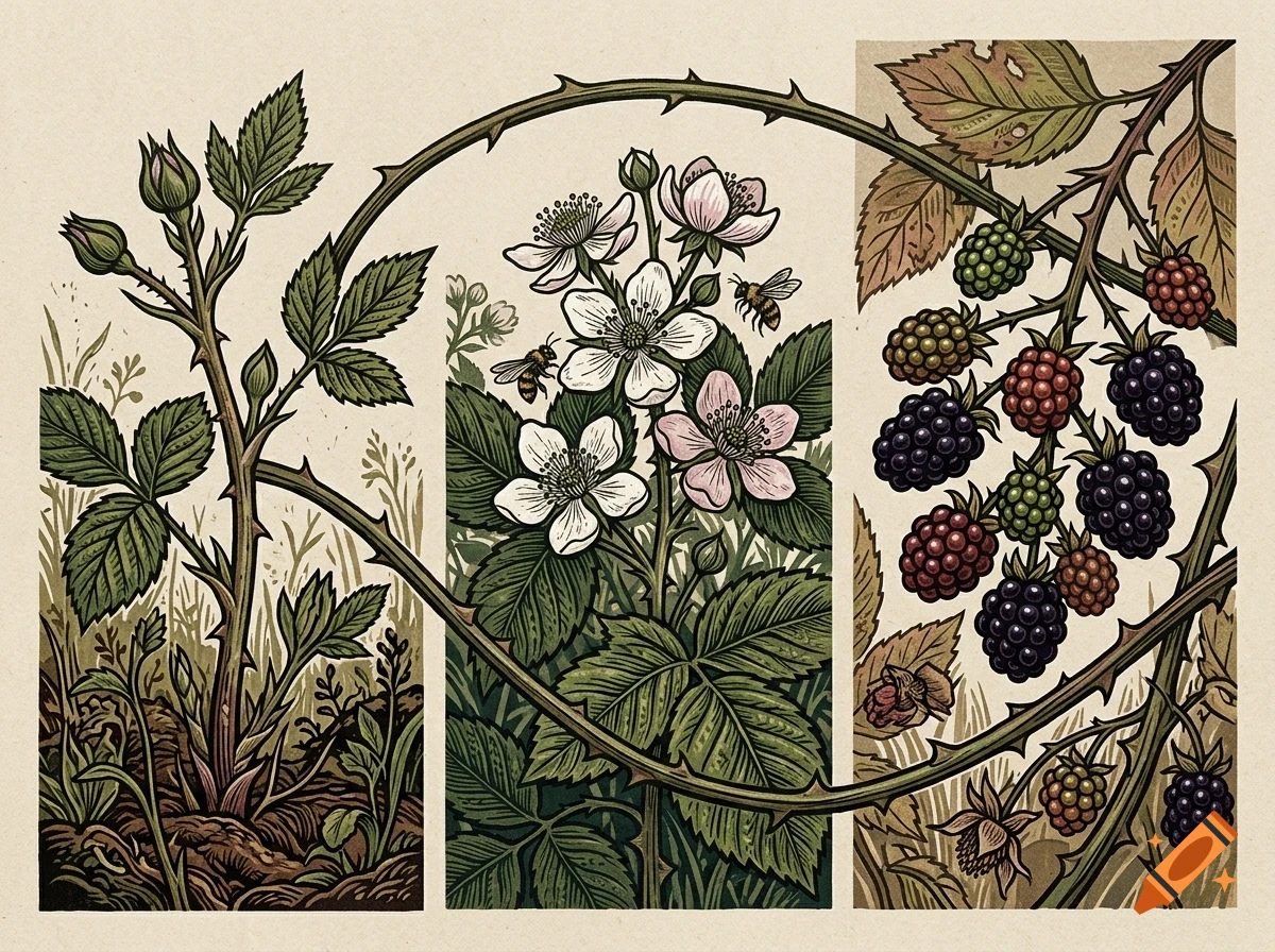 An illustrative triptych depicting blackberry plants in different stages: buds and stems on the left, flowering branches with bees in the center, and ripe berries on the right.