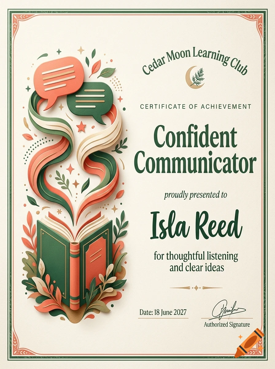 An illustrated Certificate of Achievement from Cedar Moon Learning Club featuring an open book with curving paper ribbons and speech bubbles.