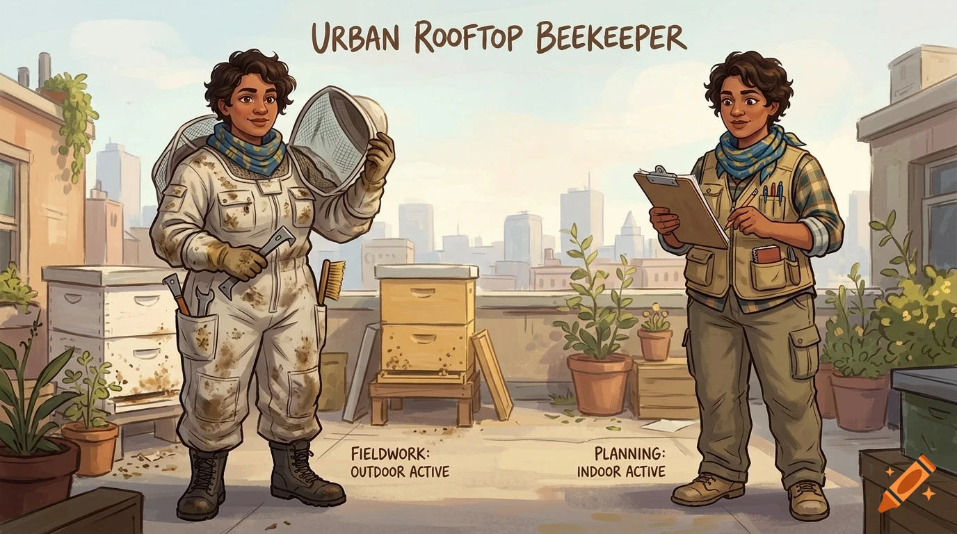 An illustration of an urban beekeeper showing fieldwork in a bee suit and planning with a clipboard on a city rooftop.