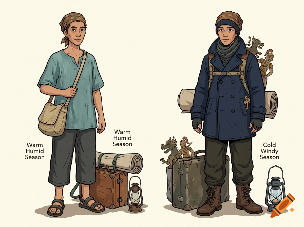 Character design illustration showing a man in two outfits for warm humid and cold windy seasons with luggage and gear.