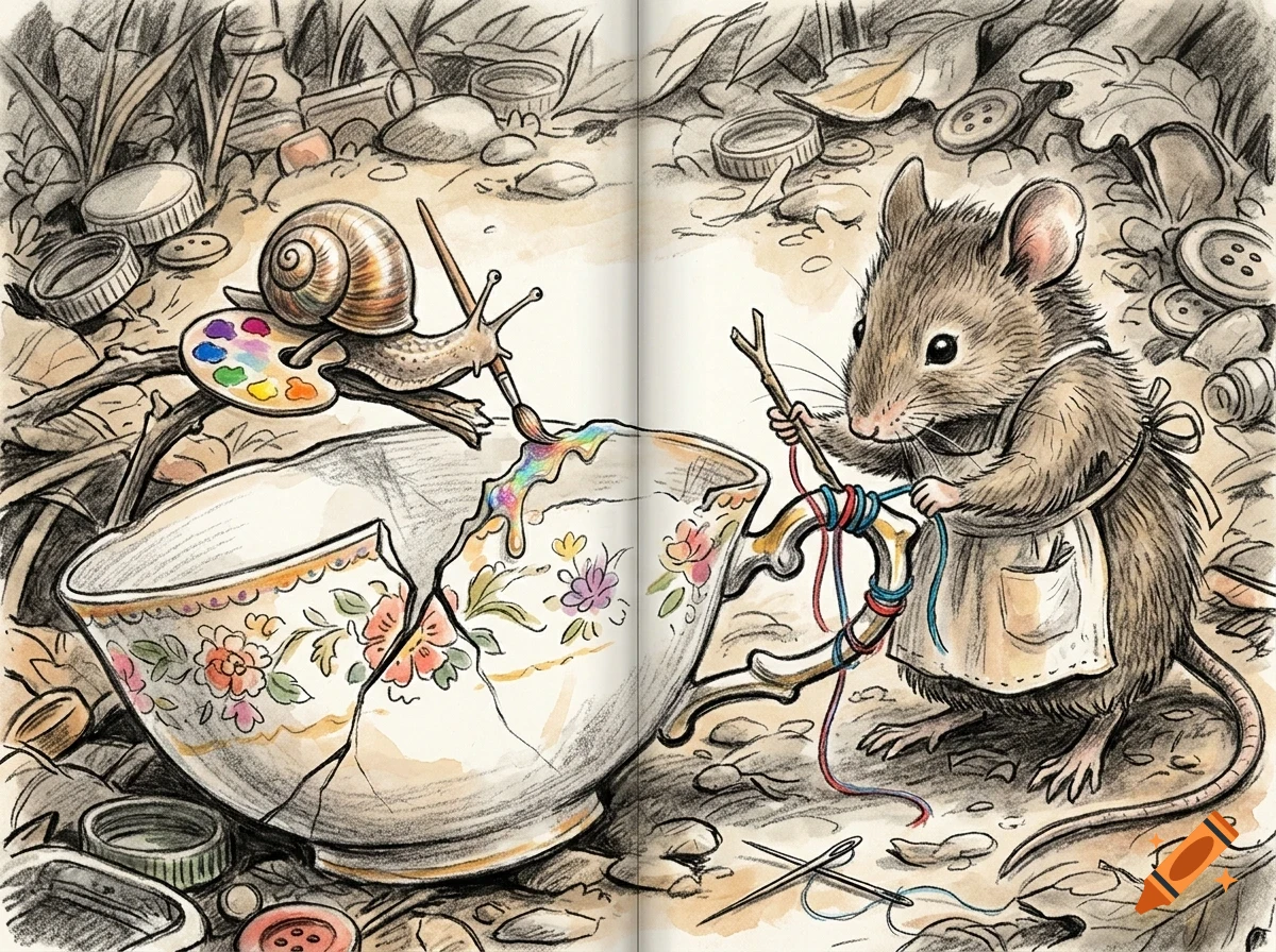 An illustrated mouse holding threads and a snail with a paintbrush painting a broken teacup in a woodland setting.