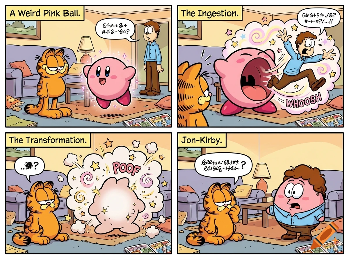A four-panel comic strip where Garfield watches Kirby inhale Jon Arbuckle, turning Jon into a pink, spherical, Kirby-like version of himself.