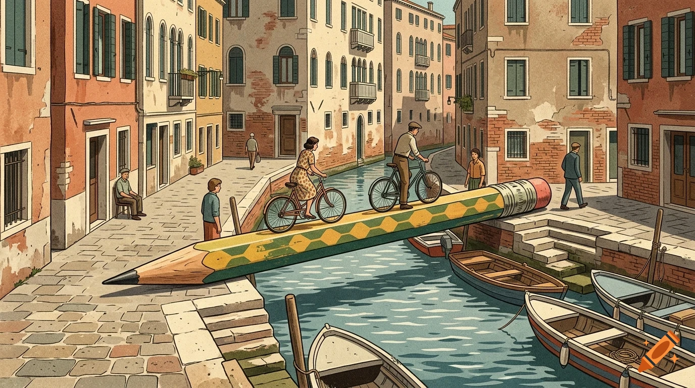 An illustrated Venetian canal scene where a giant pencil serves as a bridge, with people riding bicycles across it.