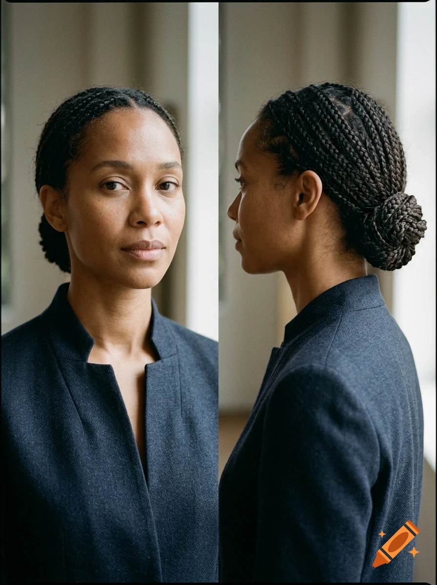 A two-panel portrait of a woman with braided hair and a dark jacket, shown from the front and side.
