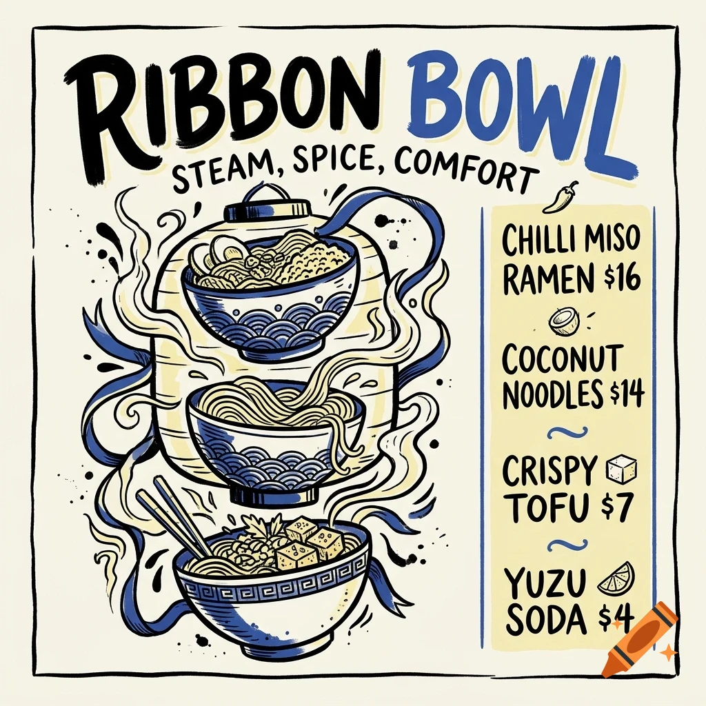 An illustrated menu for Ribbon Bowl showing three bowls of ramen and noodles with prices and food items.