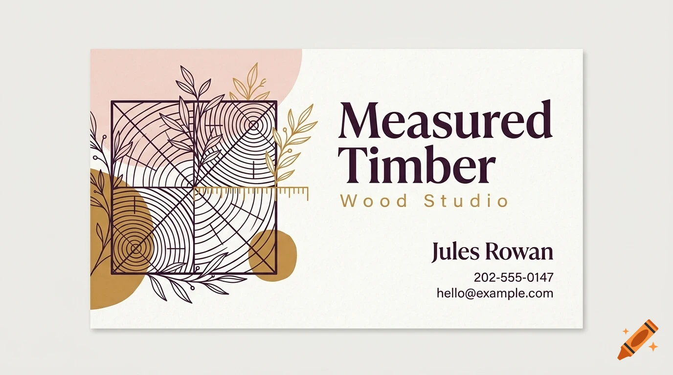 A business card design for Measured Timber Wood Studio featuring line art of wood grain and foliage, with text reading Jules Rowan, a phone number, and an email address.
