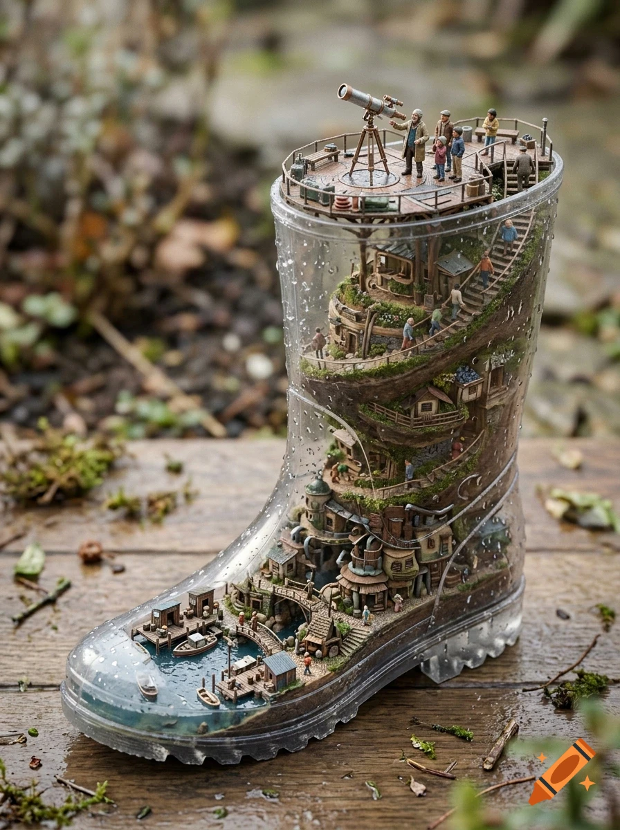 A miniature world built inside a clear rain boot, featuring tiny buildings, winding staircases, and miniature people.